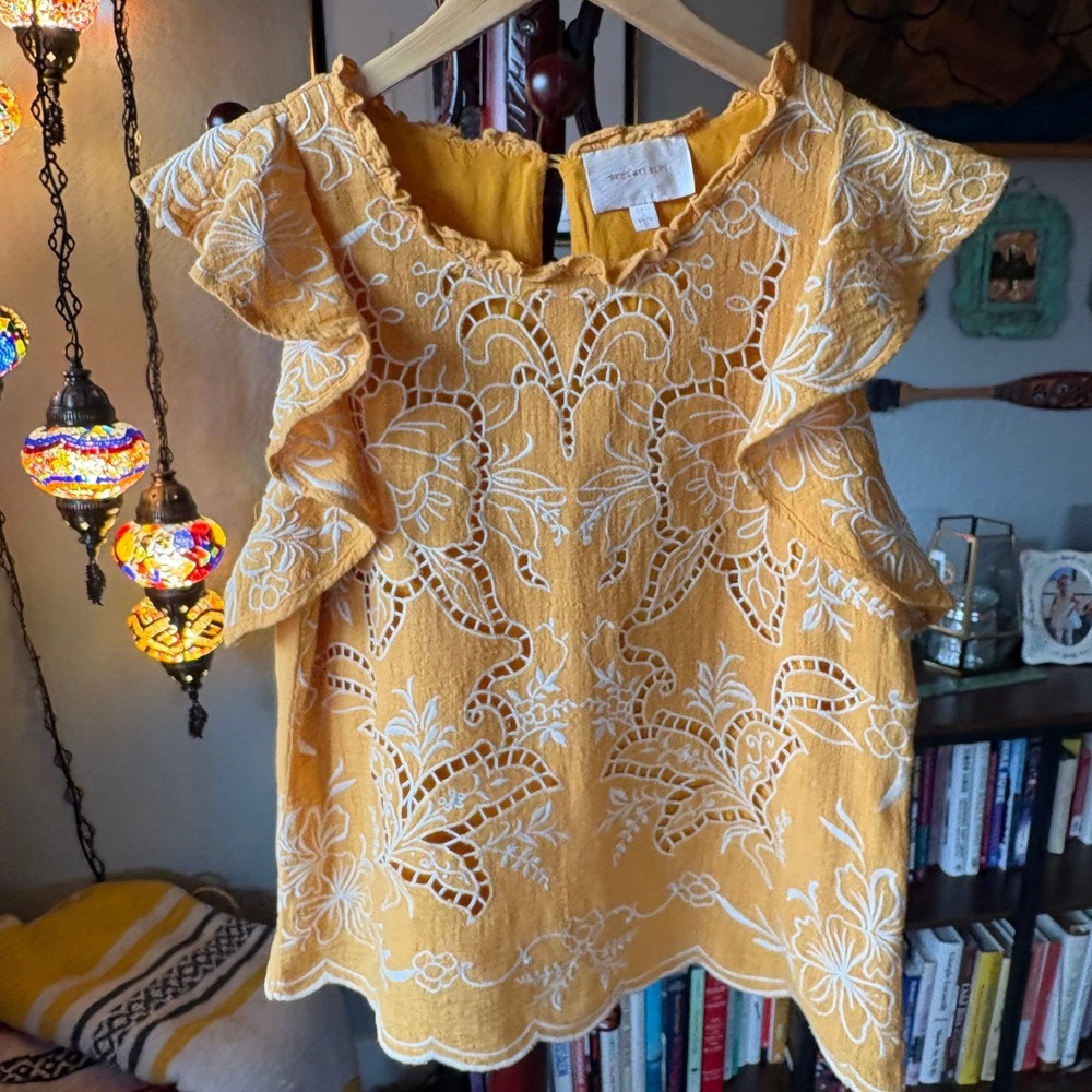 Skies Are Blue Mustard Embroidered Blouse Boho Peasant Cottagecore Top Size‎ S